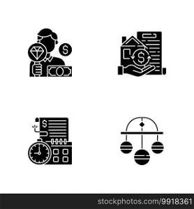 Collateral-based loans black glyph icons set on white space. Pawnbroker. Collateral. Pawn symbol. Extension. Money lender in exchange for property. Silhouette symbols. Vector isolated illustration. Collateral-based loans black glyph icons set on white space