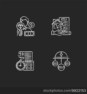 Collateral-based loans chalk white icons set on black background. Pawnbroker. Collateral. Pawn symbol. Extension. Money lender in exchange for property. Isolated vector chalkboard illustrations. Collateral-based loans chalk white icons set on black background