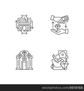 Collateral-based loans linear icons set. Pawnbroker. Collateral. Pawn symbol. Extension. Customizable thin line contour symbols. Isolated vector outline illustrations. Editable stroke. Collateral-based loans linear icons set