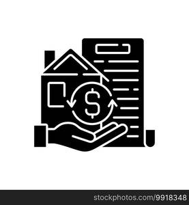 Collateral black glyph icon. Security for loan repayment. Real estate, assets form. Valuable property. Protection for lender interests. Silhouette symbol on white space. Vector isolated illustration. Collateral black glyph icon