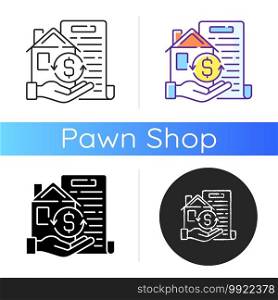 Collateral icon. Security for loan repayment. Real estate, assets form. Valuable property. Protection for lender interests. Linear black and RGB color styles. Isolated vector illustrations. Collateral icon