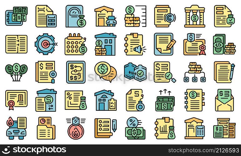 Collateral icons set outline vector. Credit extension. Property agreement. Collateral icons set vector flat