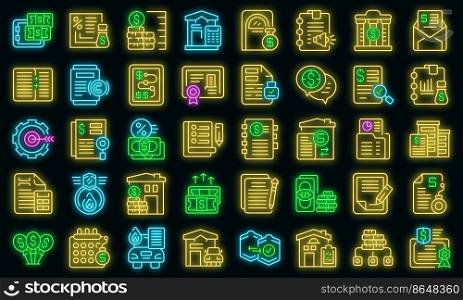 Collateral icons set outline vector. Credit extension. Property agreement. Collateral icons set vector neon