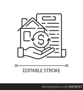 Collateral linear icon. Security for loan repayment. Real estate, assets form. Valuable property. Thin line customizable illustration. Contour symbol. Vector isolated outline drawing. Editable stroke. Collateral linear icon