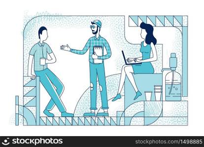 Colleagues at coffee break silhouette vector illustration. Creative studio designer communication outline characters on white background. Employees coworking space simple style drawing