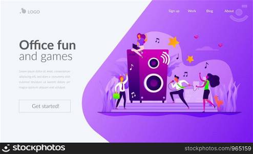 Colleagues at corporate party. Employees characters relaxing after work day. Rest breaks at work, office fun and games and stress management concept. Website homepage header landing web page template.. Office fun landing page template