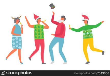 Colleagues at corporative, isolated vector. Cheerful people celebrating Christmas party. Cartoon man with glass of champagne, woman in horns accessory dancing. Colleagues at Corporative, Isolated Vector Party