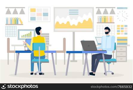 Colleagues at desk with laptops, office interior vector. Graphics or charts, document folders and clock, shelves and tables, business and analytics. Office Interior, Colleagues at Desk with Laptops