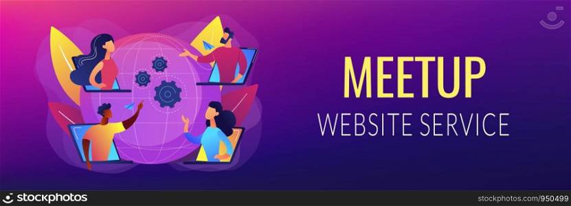 Colleagues business meeting, company internet webcast. Online meetup, join meetup group, meetup website service, best communication here concept. Header or footer banner template with copy space.. Online meetup concept banner header