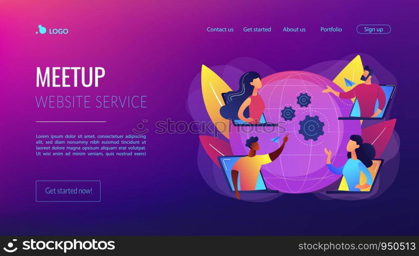 Colleagues business meeting, company internet webcast. Online meetup, join meetup group, meetup website service, best communication here concept. Website homepage landing web page template.. Online meetup concept landing page