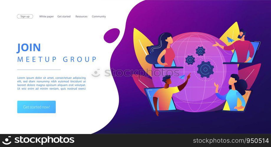 Colleagues business meeting, company internet webcast. Online meetup, join meetup group, meetup website service, best communication here concept. Website homepage landing web page template.. Online meetup concept landing page