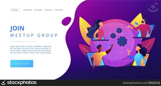 Colleagues business meeting, company internet webcast. Online meetup, join meetup group, meetup website service, best communication here concept. Website homepage landing web page template.. Online meetup concept landing page