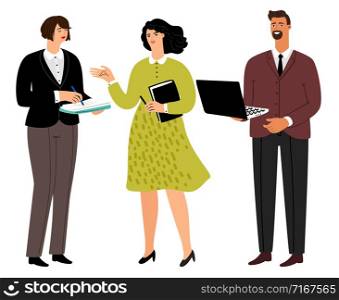 Colleagues. Cartoon corporate people company, office man with laptop and women workers, professional colleague professions, vector illustration. Corporate people company