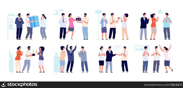 Colleagues clapping. Thankful business people, man woman support employees. Office enthusiastic characters clap in hands utter vector set. Business people support and celebration illustration. Colleagues clapping. Thankful business people, man woman support employees. Office enthusiastic characters clap in hands utter vector set