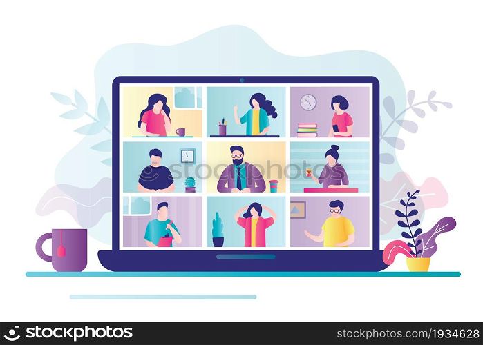 Colleagues communicate on video call. Business people discuss project on laptop screen. Concept of video conference, working from home and online meeting. Banner in trendy style. Vector illustration. Colleagues communicate on video call. Business people discuss project on laptop screen