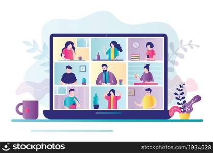 Colleagues communicate on video call. Business people discuss project on laptop screen. Concept of video conference, working from home and online meeting. Banner in trendy style. Vector illustration. Colleagues communicate on video call. Business people discuss project on laptop screen