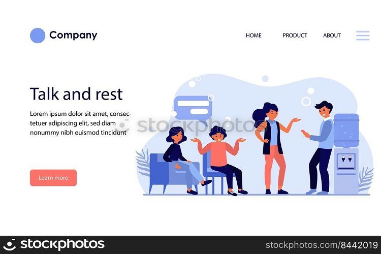 Colleagues communicating at break. Business people resting in lobby flat vector illustration. Business colleagues concept for banner, website design or landing web page