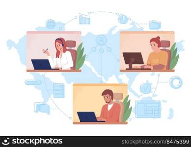 Colleagues cooperation 2D vector isolated illustration. Video call. Remote workers collaboration flat characters on cartoon background. Colourful editable scene for mobile, website, presentation . Colleagues cooperation 2D vector isolated illustration