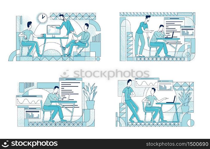 Colleagues coworking flat silhouette vector illustrations set. Marketing department workers outline characters on white background. Company analytics analyzing simple style drawings pack