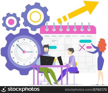 Colleagues create calendar with planned activities, timetable, schedule. Planning day, work project planner and events calendar. Task scheduling, work process organization, time management concept. Colleagues creating calendar with planned activities, timetable, schedule, project planner