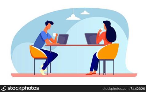 Colleagues discussing project during coffee break. People with laptops drinking coffee, talking flat vector illustration. Corporate communication concept for banner, website design or landing web page