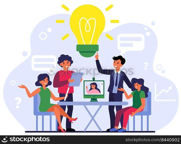 Colleagues discussing project online and offline. Conference call, brainstorm, idea flat vector illustration. Social distance, lockdown, teamwork concept for banner, website design or landing web page