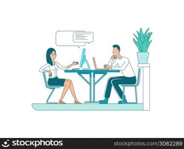 Colleagues flat color vector faceless characters. Business communication. Staff conversation. Coworkers talk. Corporate occupation isolated cartoon illustration for web graphic design and animation. Colleagues flat color vector faceless characters