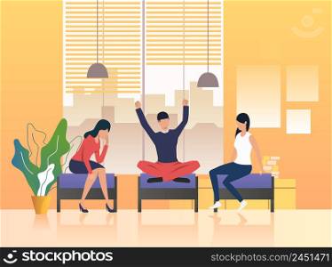Colleagues having break in lounge. Students, friends, coworkers. Meeting concept. Vector illustration can be used for topics like business, education, lifestyle