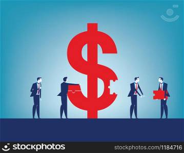 Colleagues investment success. Business team collecting dollar sign with pieces. Concept business vector illustration.