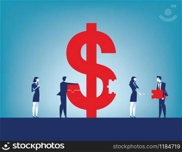 Colleagues investment success. Business team collecting dollar sign with pieces. Concept business vector illustration.