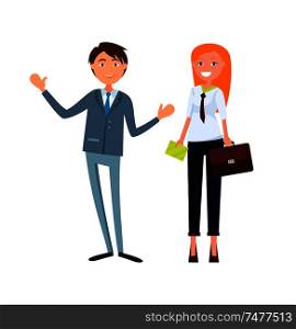 Colleagues male and female business cartoon workers isolated on white. Coworkers in formal wear, lady manager with briefcase and envelope in hand, vector. Colleagues Male and Female Business Cartoon Worker