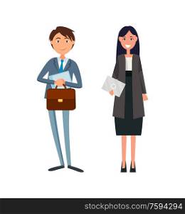 Colleagues male and female business cartoon workers isolated on white. Coworkers in formal wear, lady manager with envelope in hand, man with briefcase.. Coworkers in Formal Wear, Lady Manager, Envelope