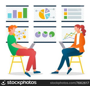 Colleagues man and woman working with laptop wireless device near board icon with chart report. Business statistics and finance control of professional workers communicating with computer vector. Graphical Analysis of Worker with Computer Vector