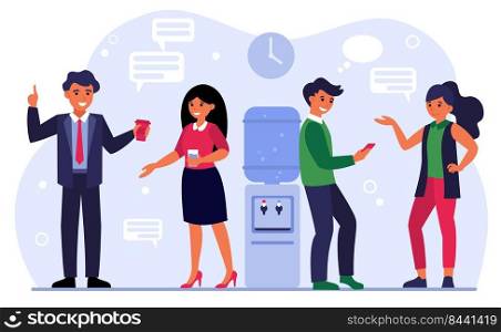 Colleagues meeting, business talk, communication concept. Office people gossiping at water cooler, drinking coffee, discussing work. Flat vector illustration
