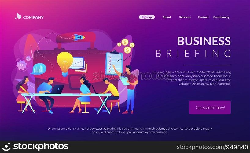 Colleagues meeting. Team brainstorming. Corporate training. Business briefing, teamwork task discussion, business strategy communication concept. Website homepage landing web page template.. Business briefing concept landing page