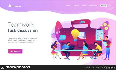Colleagues meeting. Team brainstorming. Corporate training. Business briefing, teamwork task discussion, business strategy communication concept. Website homepage landing web page template.. Business briefing concept landing page