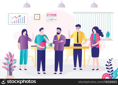 Colleagues met on global planning and marketing research. Business people discuss startup project and company statistics. Concept of teamwork, office and brainstorming. Flat vector illustration. Colleagues met on global planning and marketing research. Business people discuss startup project and company statistics