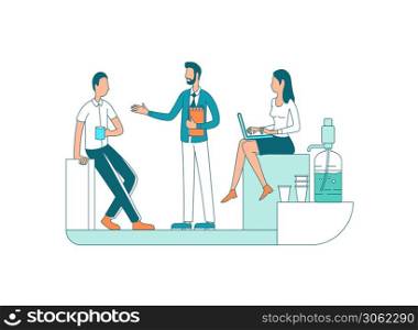 Colleagues on break flat color vector faceless characters. Company coworkers. Staff communication. Corporate occupation isolated cartoon illustration for web graphic design and animation. Colleagues on break flat color vector faceless characters