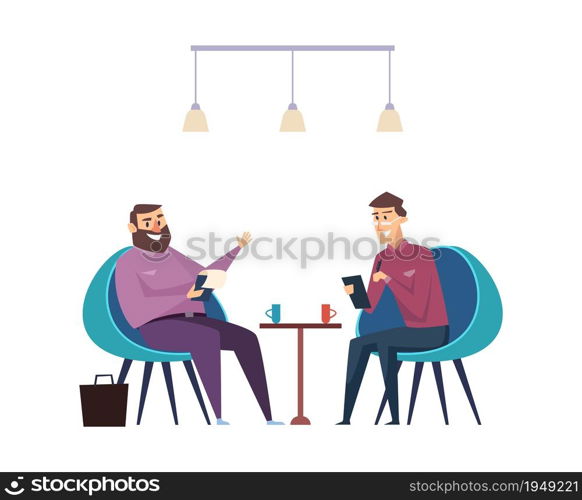 Colleagues on coffee break. Businessmen drink hot beverages and talk about work vector concept. Office business, coffee break with colleague illustration. Colleagues on coffee break. Businessmen drink hot beverages and talk about work vector concept