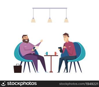 Colleagues on coffee break. Businessmen drink hot beverages and talk about work vector concept. Office business, coffee break with colleague illustration. Colleagues on coffee break. Businessmen drink hot beverages and talk about work vector concept