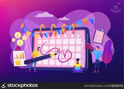 Colleagues preparing for corporate party. Time management, deadline. Brand event. Event brand management, sponsored event organization concept. Bright vibrant violet vector isolated illustration. Brand event concept vector illustration