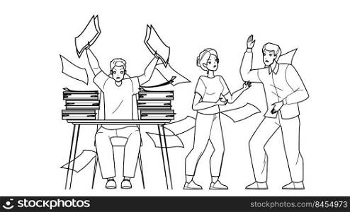 Colleagues Stress And Panic Chaos In Office Vector. Frustrated Employees Working With Stress. Characters Failure Deadline And Overworking With Nervous Together black line illustration. Colleagues Stress And Panic Chaos In Office Vector