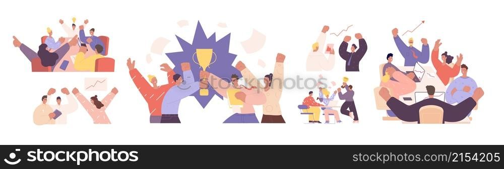 Colleagues support. Successful teams, clapping for achievement. Young business people group, office managers. Positive deal utter vector set. Illustration of support team, happy and congratulation. Colleagues support. Successful teams, clapping for achievement. Young business people group, office managers. Positive deal utter vector set
