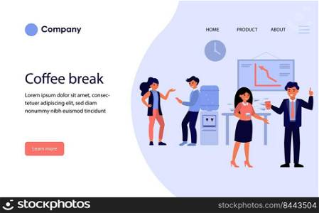 Colleagues talking at coffee break. Business people standing at cooler and drinking coffee flat vector illustration. Business break concept for banner, website design or landing web page