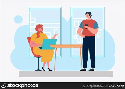 Colleagues using laptop and chatting. Friendship, coffee break, modern office flat vector illustration. Communication, discussion concept for banner, website design or landing web page