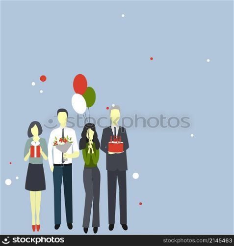 Colleagues with a gift, cake and flowers wishing happy birthday.Corporate, celebration and people concept.Vector background.. Colleagues with a gift, cake and flowers wishing happy birthday.