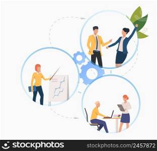 Colleagues working on project, presenting analytics, celebrating success, discussing report. Business concept. Vector illustration can be used for presentation, communication, marketing