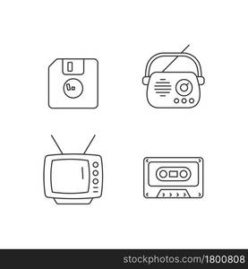 Collectible vintage stuff linear icons set. Floppy disk. Antique radio. TV model. Tape cassette. Customizable thin line contour symbols. Isolated vector outline illustrations. Editable stroke. Collectible vintage stuff linear icons set