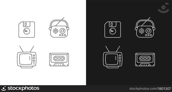 Collectible vintage stuff linear icons set for dark and light mode. Floppy disk. Antique radio. TV model. Customizable thin line symbols. Isolated vector outline illustrations. Editable stroke. Collectible vintage stuff linear icons set for dark and light mode