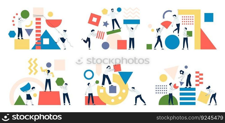 Collecting abstract color geometric shapes. Management, team work chaos metaphor. People working together, flat pair collect puzzle, recent vector scenes of collect geometric circle and organization. Collecting abstract color geometric shapes. Management, team work chaos metaphor. People working together, flat pair collect puzzle, recent vector scenes